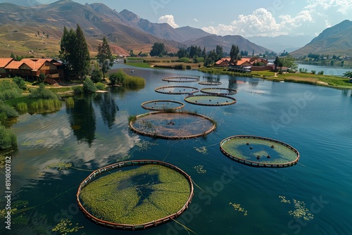 The image shows a serene lake landscape featuring circular fish farms, providing insight into sustainable aquaculture practices