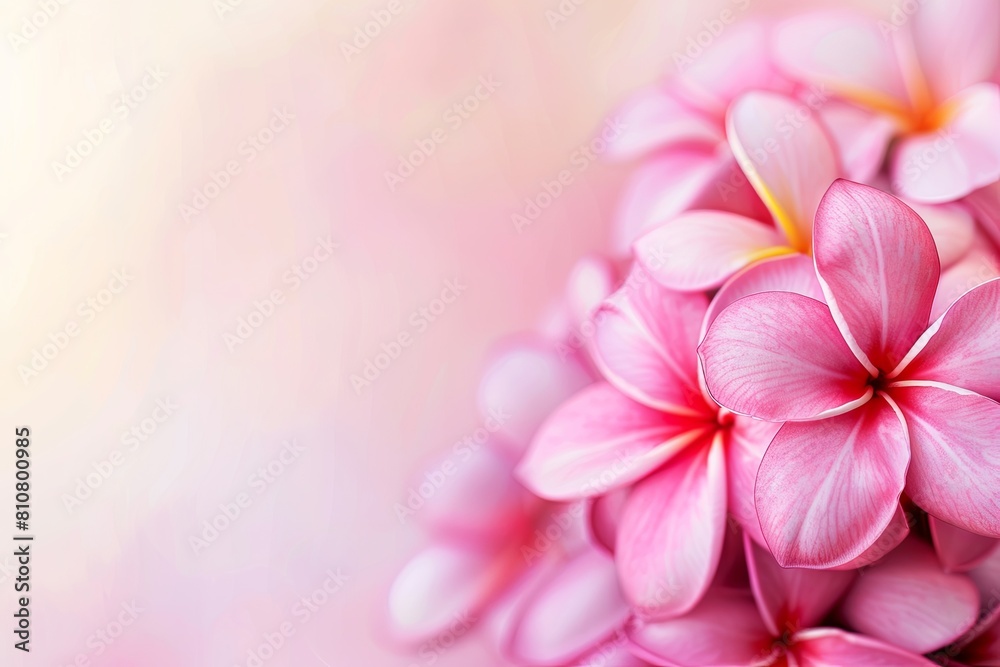 Pink Frangipani Plumeria pink tropical flower close up photo background with empty copy space for text. Summer exotic vacation banner