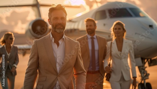 A group of business travelers disembarking from the plane, each exuding confidence and determination as they step onto the tarmac. photo