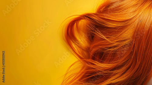 Ginger hair strand on yellow background closeup