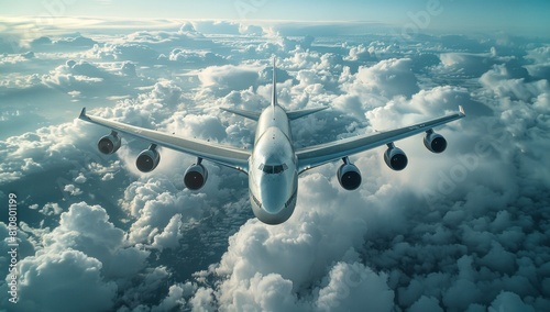The airplane's engines hum softly as it cruises through the clouds, a symbol of progress and forward momentum.