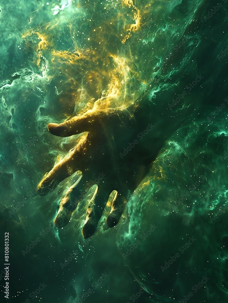 Obraz premium An ethereal entity formed from nebula clouds in shades of green and gold, reaching out with tendrillike arms across the cosmos.