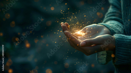 Female hands with shining energy on dark background