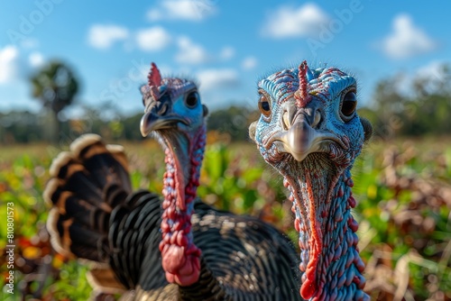 Close-up of two wild turkeys with colorful and textured heads displaying curious expressions photo