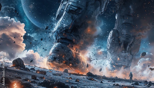 The knee of a colossal war robot slamming into cracked earth, its footfall summoning a blizzard to engulf the cosmos, ancient spacecraft debris in the foreground. photo