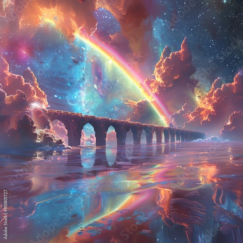 A solar bridge arcing across the cosmos, its ethereal rainbow pylons anchored from distant celestial realms reflecting upon galactic cloud banks.