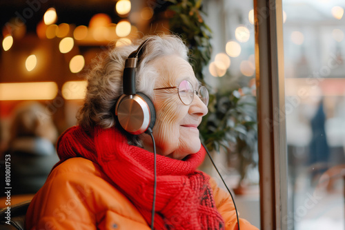 Elderly woman with headphones in caffee photo