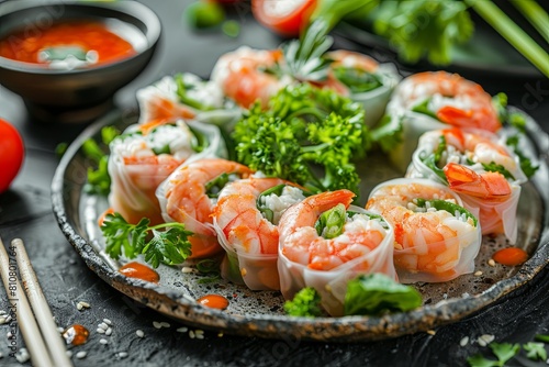 Summer Roll: Fresh vegetables, rice, and shrimp wrapped in rice paper rolls, served with spicy sauce, create the perfect dish for a light summer lunch