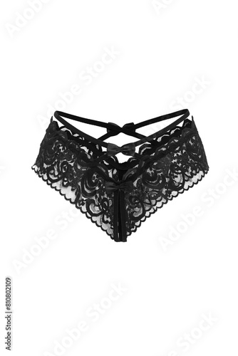 Detail shot of black lace panties. Sexy lingerie is isolated on the white background. Front views.