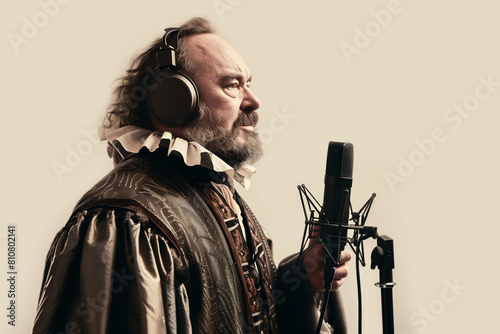 Voice actor at the microphone, audiobook, opera, concept