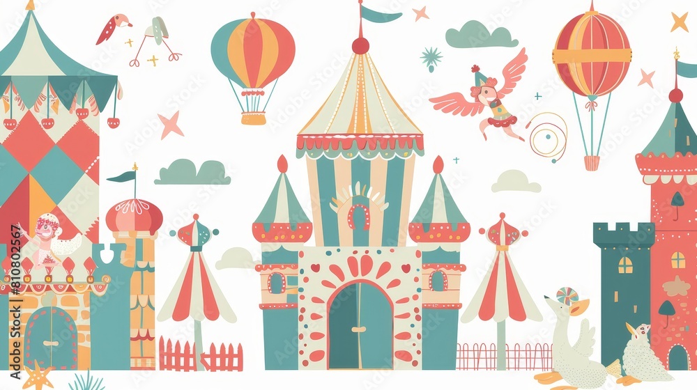 An aerial gymnast girl sits on a hoop, castle building, air balloon and white doves, amusement park decoration isolated on white background, cartoon modern illustration.