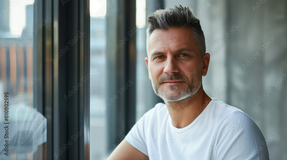 Confident Middle-Aged Man in White T-Shirt Standing Strong by Modern Office Window - Casual Businessman Concept Confident Middle-Aged Man in White T-Shirt Standing Strong by Modern Office Window - Casual Businessman Concept