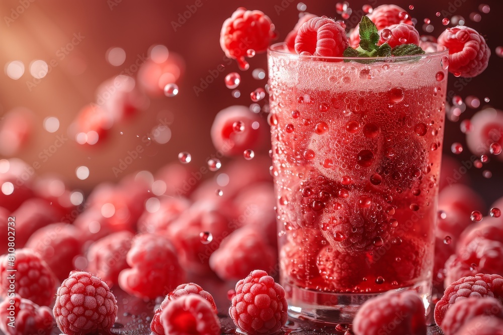 A vibrant, effervescent raspberry drink in a tall glass with floating berries, highlighted by dynamic flying raspberries on a crimson backdrop A vibrant, effervescent raspberry drink in a tall glass with floating berries, highlighted by dynamic flying raspberries on a crimson backdrop
