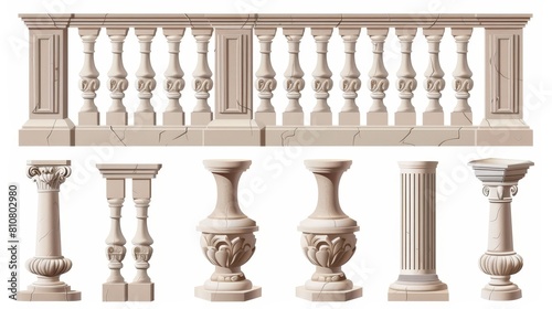 A set of stone railings in a classical roman style. Modern realistic set of pillared banisters and columns.