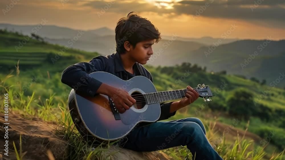 A teenager boy playing guitar on the mountain, rural Indian boy with a guitar in his village Generative AI