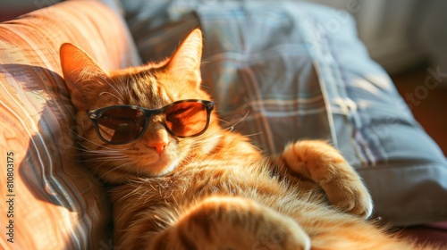 Gatto che indossa occhiali da sole sdraiato su un cuscino photo