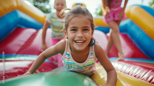Close-Up Portrait: Little Girl Having Fun in Summer Inflatable Bounce House