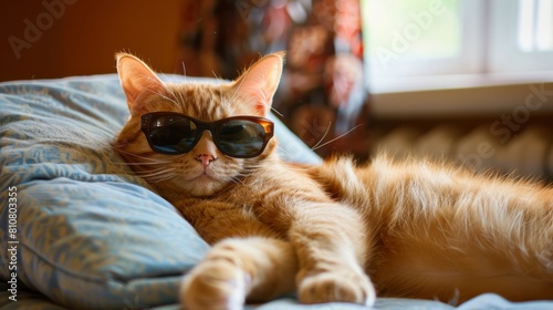 Gatto che indossa occhiali da sole sdraiato su un cuscino photo