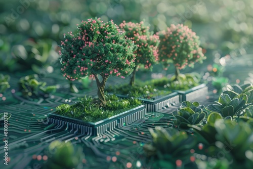 Microchip da cui fuoriescono alberi simbolici, concetto connessione tra sostenibilità ambientale e industria tecnologica
