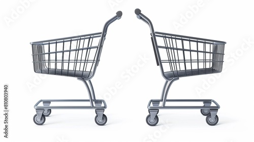 Isolated on white background, shopping trolley top and side view. Customers equipment for purchases in retail shops, grocery stores and markets. Realistic 3D modern illustration.