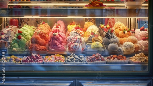 Vetrina colorata di una gelateria con varietà di sapori tradizionali italiani come fragola, cioccolato e pistacchio e altri sapori photo
