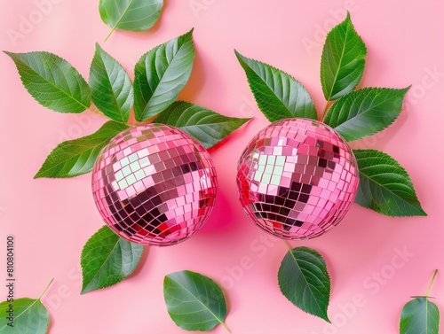 These images deceive the eye, showcasing disco ball ornaments amid vibrant green foliage on a pastel pink background