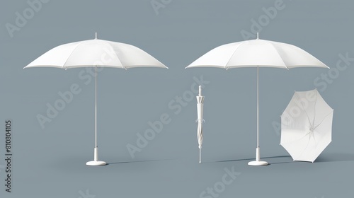 Mockup of white umbrella, blank parasol front and side views. Washable accessories for rainy autumn days. Modern illustration, icons and clipart. photo
