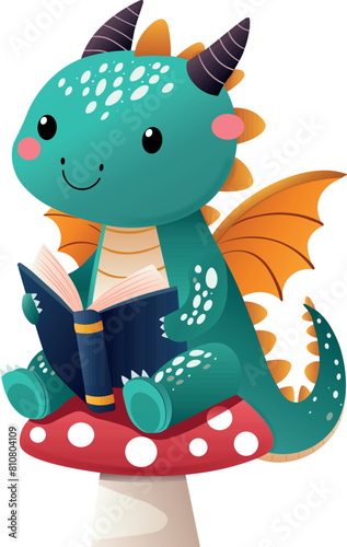 A little green dragon sits on a fly agaric and reads a book