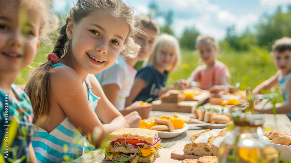 Happy Children Sharing Food at Picnic in Grass - Joyful Group Gathering with Big Smiles on Faces Happy Children Sharing Food at Picnic in Grass - Joyful Group Gathering with Big Smiles on Faces