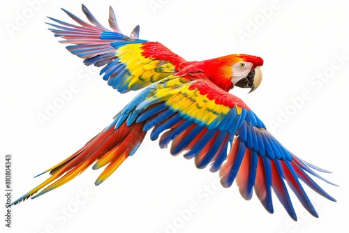 A vibrant Scarlet Macaw captured mid-flight, showcasing its brilliant red, yellow, and blue plumage against a white background