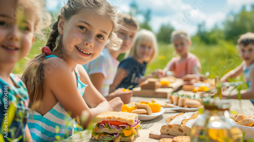 Happy Children Sharing Food at Picnic in Grass - Joyful Group Gathering with Big Smiles on Faces