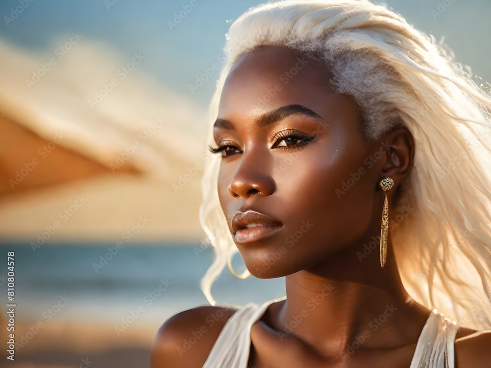 portrait African woman model and blond hair style with warm light background, realistic oil painting human face style for cosmetic and spq service ads. portrait African woman model and blond hair style with warm light background, realistic oil painting human face style for cosmetic and spq service ads.