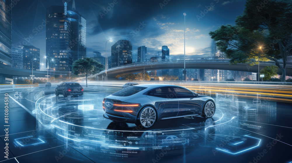 A futuristic car is driving on a wet road with a city in the background