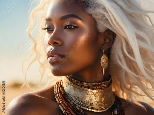 portrait African woman model and blond hair style with warm light background, realistic oil painting human face style for cosmetic and spq service ads.