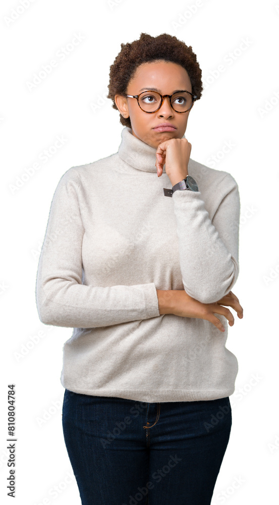 Young beautiful african american woman wearing glasses over isolated background thinking looking tired and bored with depression problems with crossed arms. Young beautiful african american woman wearing glasses over isolated background thinking looking tired and bored with depression problems with crossed arms.
