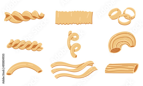 Set with various shapes of pasta. A collection of vector illustrations, suitable for the visual design of Italian cuisine. Design and culinary projects. Several types of single pasta in a row on white