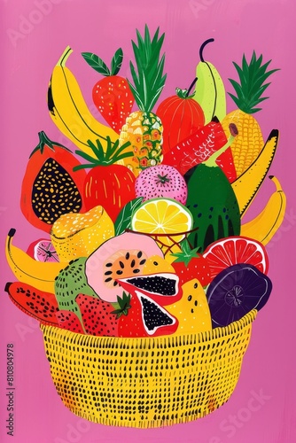 Bright and patterned basket full of various fruits against a profound pink background  illustrated with a pop of color