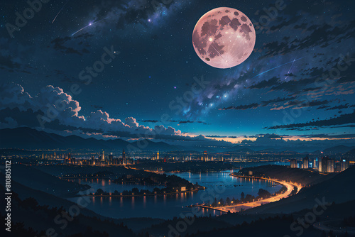 NIGHT SKY FULL MOON  big moon  city night sky  full moon.