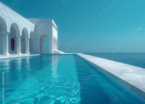 A contemporary pool by a serene blue water body alongside a villa with classical architectural elements, under a clear sky photo