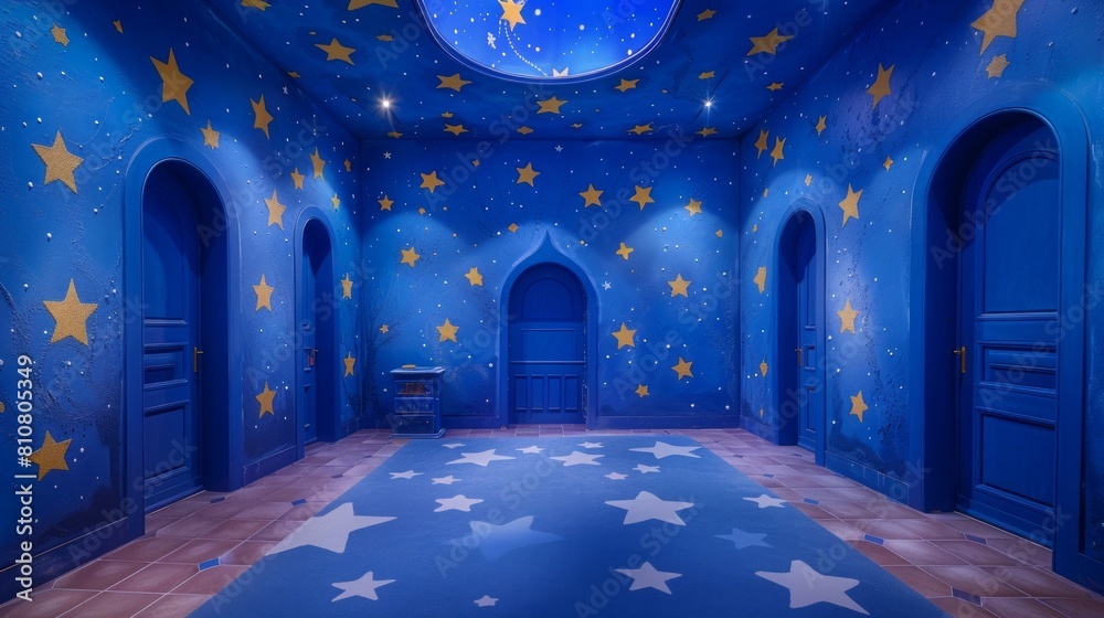 An enchanting room with blue walls and golden stars, giving a celestial night sky effect