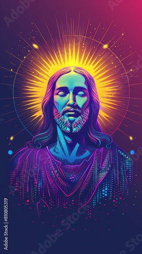 Jesuss face depicted in a vivid array of neon colors, radiating with spiritual energy photo