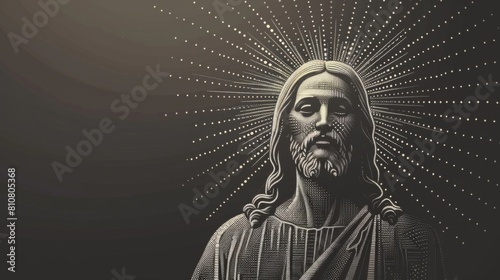A striking black and white portrayal of Jesus radiating divinity and grace photo