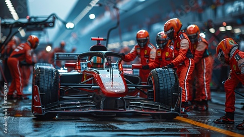  Formula 1 car is being worked on by a team of mechanics in a garage photo