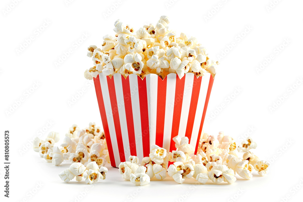 Large and full red and white package of popcorn on white background. The pack is filled to the top and popcorn is lying on floor
Large and full red and white package of popcorn on white background. The pack is filled to the top and popcorn is lying on floor