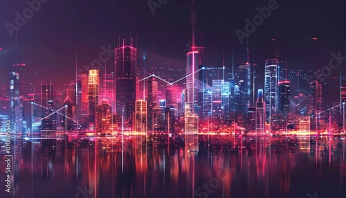 Skyline della città moderna con linee luminose che rappresentano una rete interconnessa, a simboleggiare la connettività della città photo