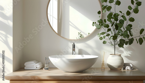 Stylish mirror  eucalyptus branches and vessel sink in modern bathroom. Interior design