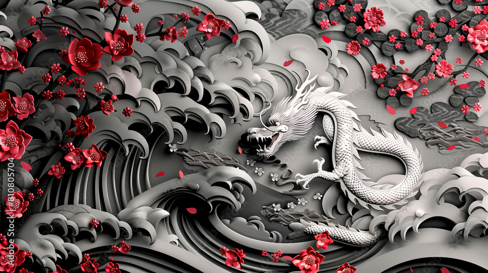 3D papercut art of sea waves and red cherry blossoms with a dragon scale pattern and intricate details against a fantasy background