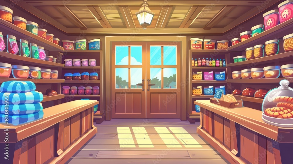 A local eco store with an empty interior, a grocery store with organic products displayed on wooden shelves. Dairy products, homemade sausages, a bakery and honey, a farmer food retail place. Cartoon