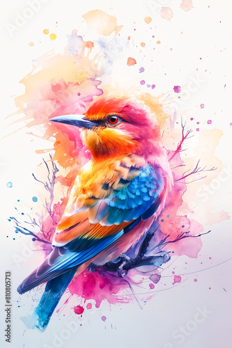 A colorful bird with a blue wing and a red tail is perched on a branch. The bird's bright colors and the splatters of paint around it create a lively and vibrant atmosphere