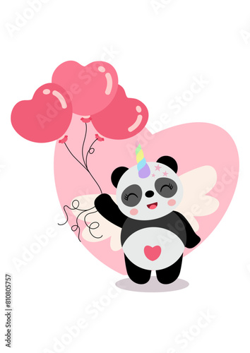 Happy unicorn panda holding heart balloons